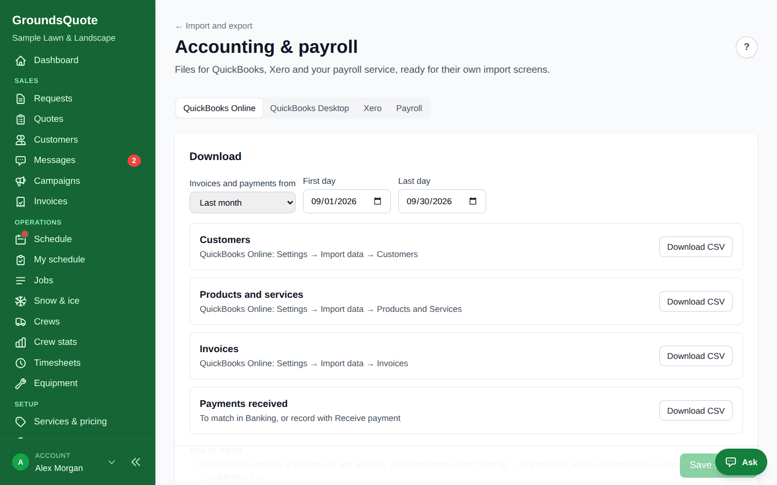 Accounting and payroll exports in GroundsQuote