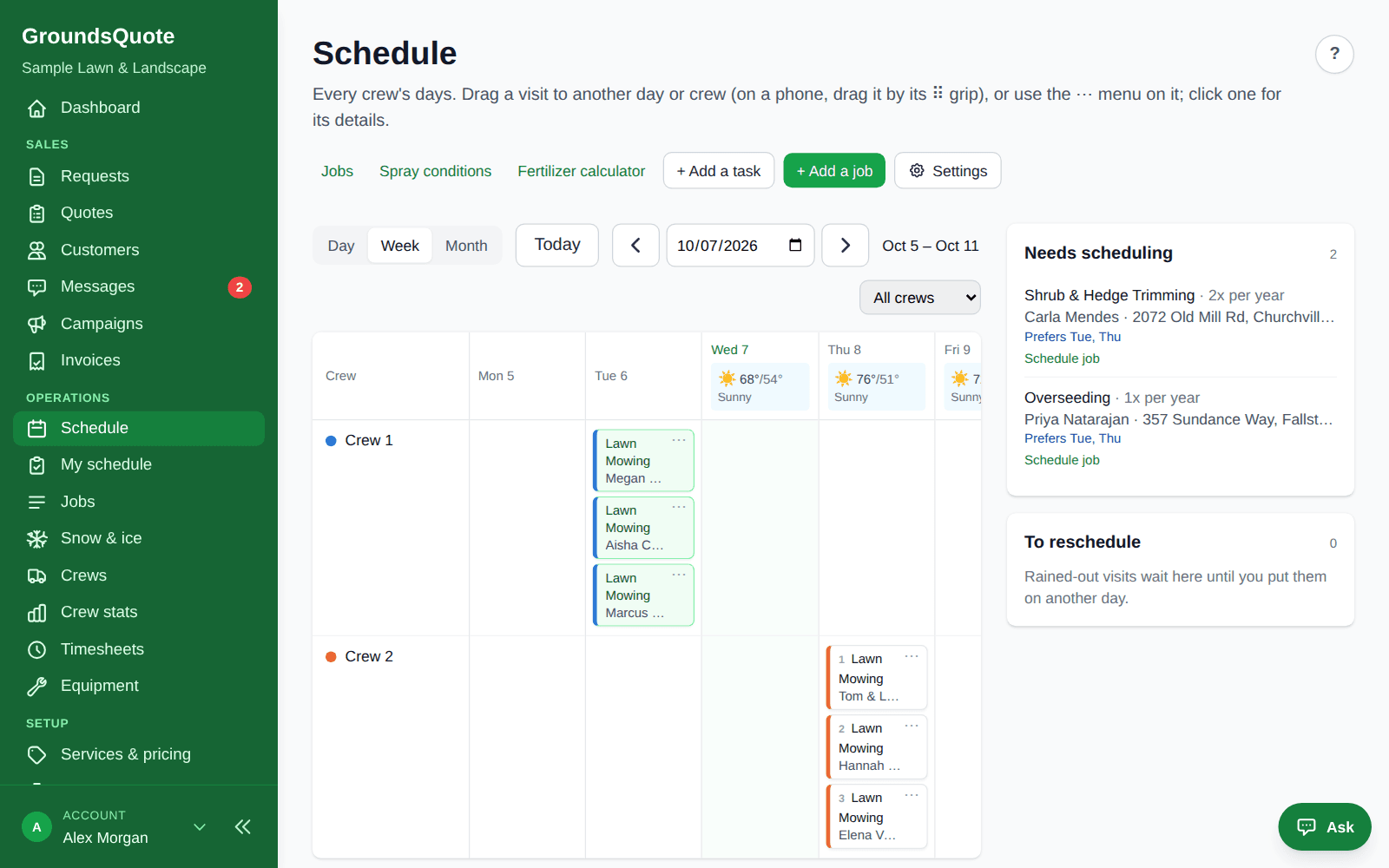 The GroundsQuote schedule with crews, routes and driving times