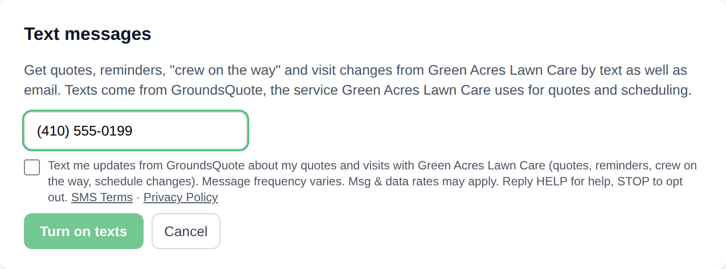 Turning on text updates in the customer portal: a mobile number, the unchecked consent box and the Turn on texts button