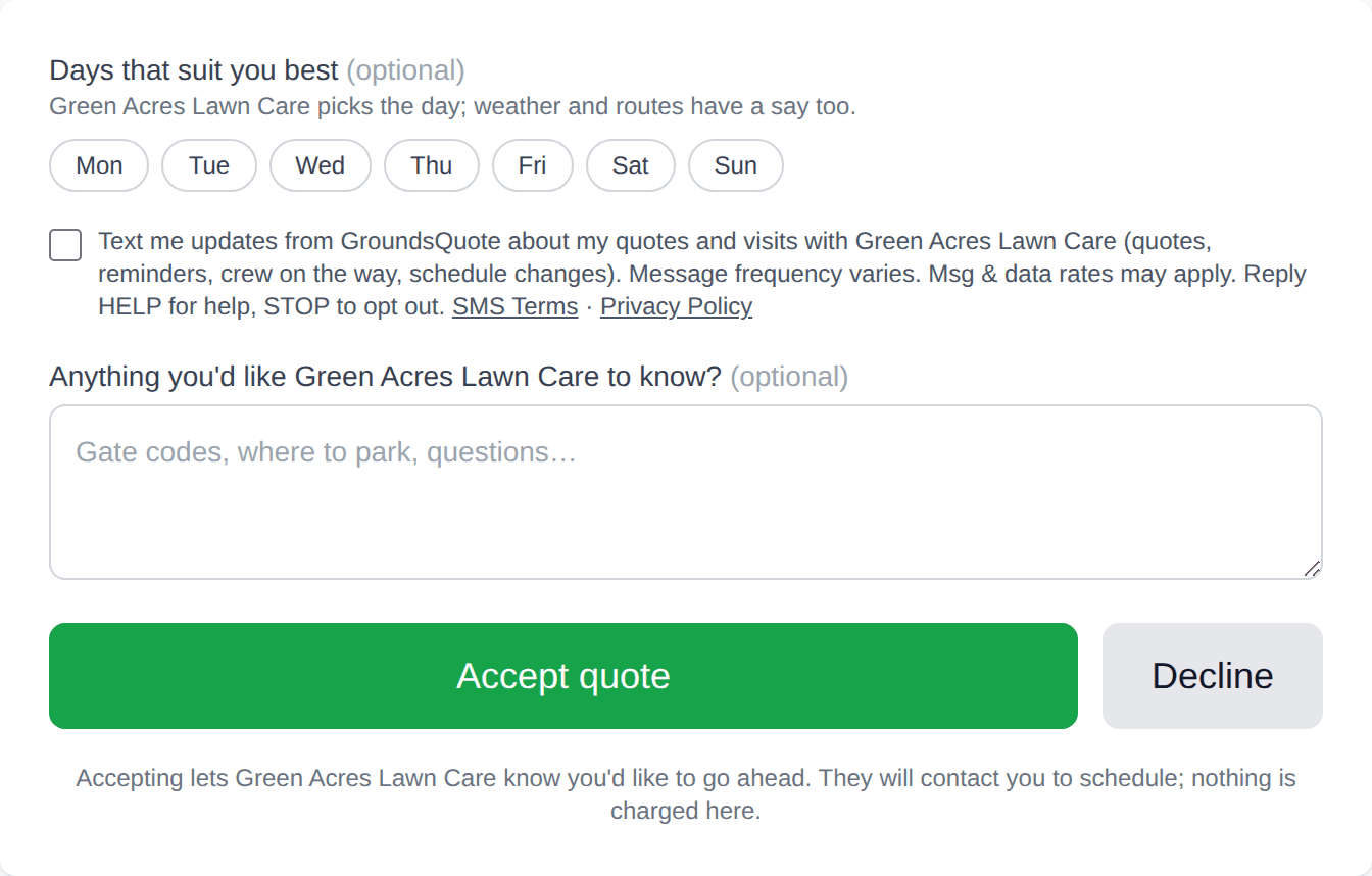 The unchecked text updates box on a quote page, with the program wording and links to the SMS terms and privacy policy