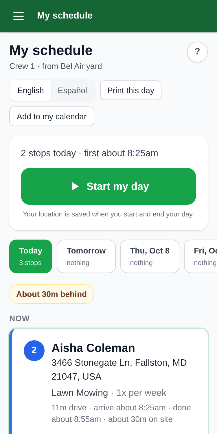 The GroundsQuote crew app on a phone showing the next stop