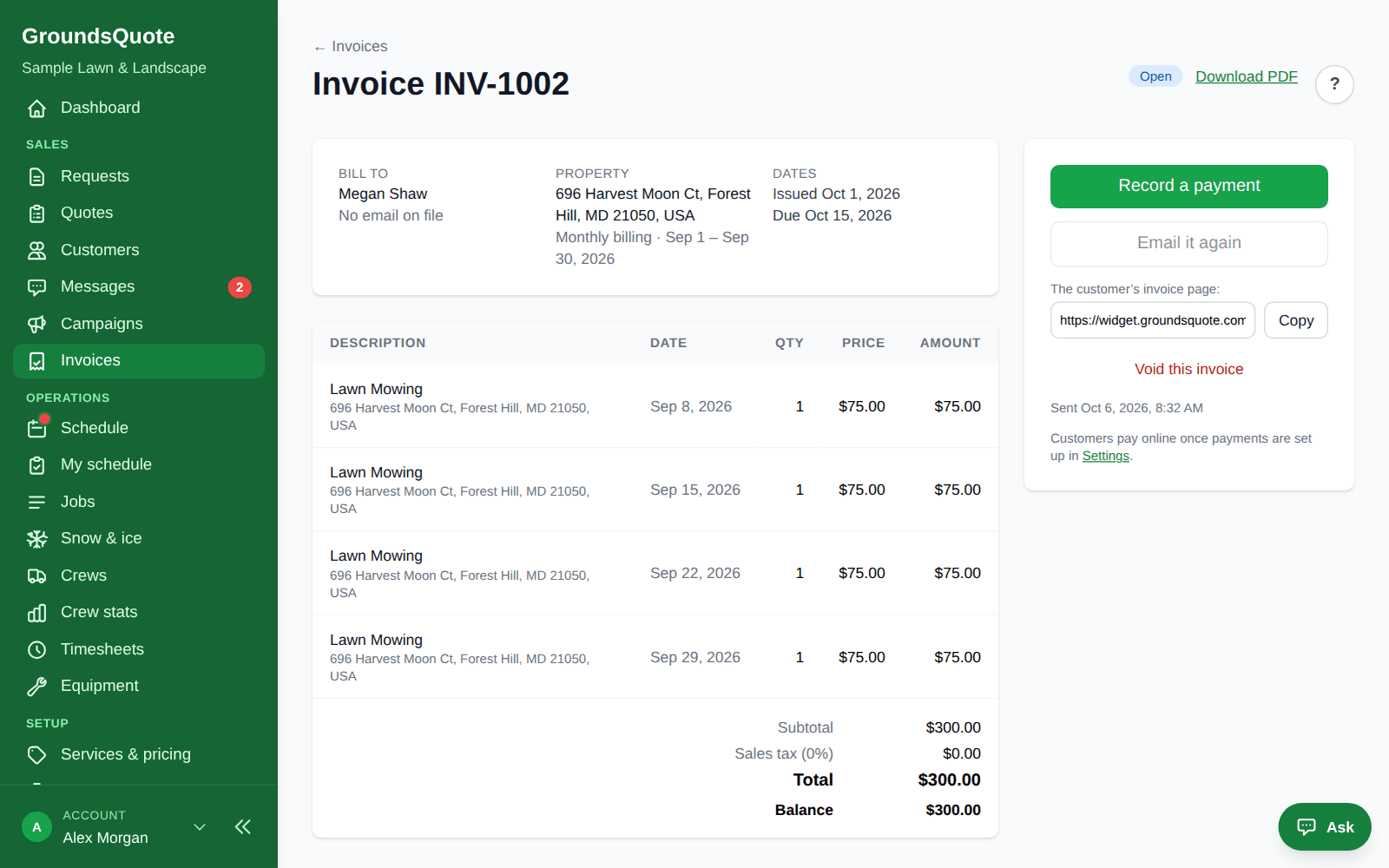A GroundsQuote invoice with online payment